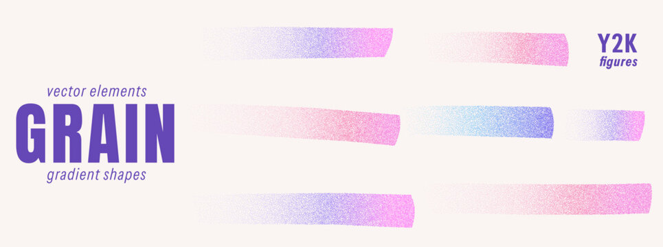Rectangle y2k strips form a patch set with grain. Pastel pink blue and purple airbrush gradients fade over rough edges. Vector rectangle elements for y2k sticker sheet or scrapbook design
