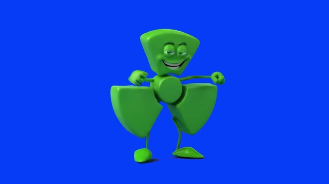 A hilarious 3D cartoon green radiation hazard symbol character with a wide grin dancing wildly, isolated on a solid blue chroma key background. Suitable for science educational clips, nuclear power pr