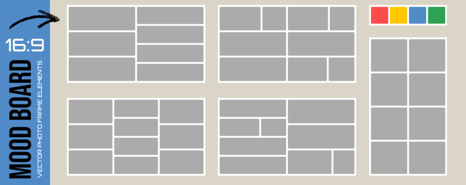 Moodboard set with five modular photo grids and a color palette. Gray placeholders on a cream background. Simple vector mood board frames collection for presentation design or text box design