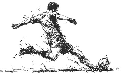 Fototapeta premium Dynamic soccer player kicking ball in energetic action ink sketch artwork