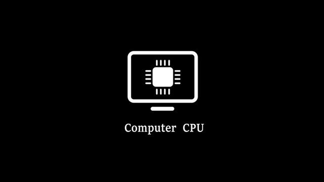 Animated desktop monitor display icon featuring a CPU processor chip inside and COMPUTER CPU text, perfect for computer systems, PC hardware, and tech setup videos.