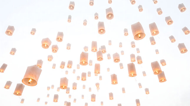 AI-generated elegant paper lanterns floating in white background, soft amber light, dreamy night atmosphere, premium event and wedding stock photography, 8K