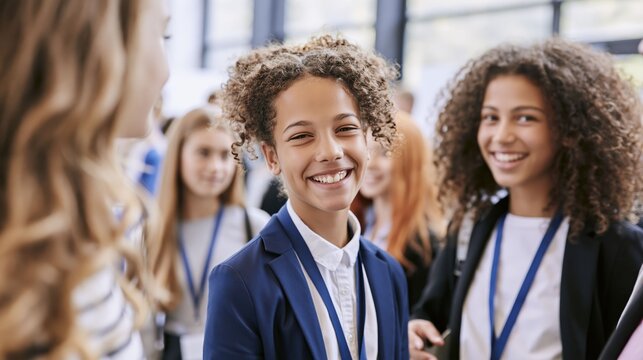 Teen students build networking experience at a trade show, practicing communication, meeting people, and exploring future career paths.