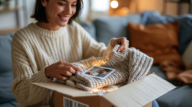 Photorealistic woman opening a carefully packed parcel sent by her distant partner, discovering a folded sweater and a small printed photograph with no readable writing, warm
