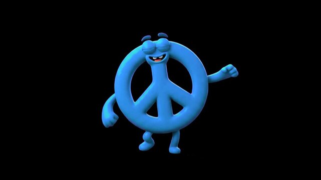 A fun 3D cartoon blue peace symbol character dancing joyfully with a smiling face, isolated against a dark backdrop. Ideal for concert visualizers, high-contrast motion graphics, peace advocacy videos