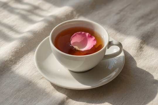 White ceramic cup filled with amber tea and a single pink rose petal rests on a matching saucer atop a textured white fabric surface dappled with natural sunlight shadows.