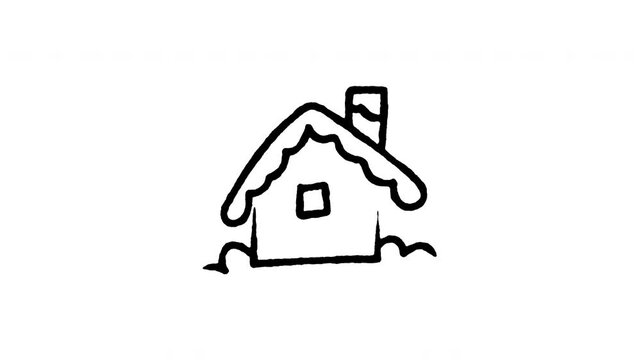 Animated Winter house with chimney doodle icon. Features 4K frame by frame boiling line animation on black and green screen backgrounds for snowy cottage, cozy home, Christmas, and cold weather.