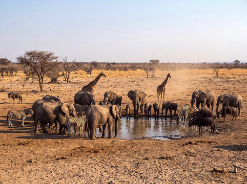 African wildlife gathering at a waterhole in a dry savanna landscape