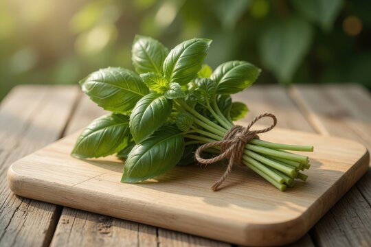A fresh bunch of green basil leaves tied with twine rests on a wooden cutting board outdoors.