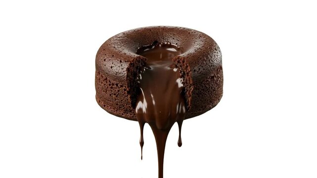 A delicious 3D render of a molten chocolate lava cake with hot chocolate dripping from the center against a clean white background. Ideal for bakery commercials, dessert menus, sweet treat ads, and fo
