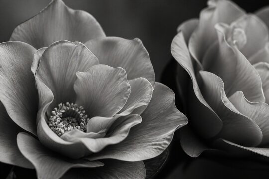 Two ranunculus flowers in bloom on dark studio surface