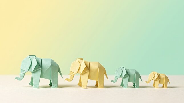 Colorful Origami Elephants in Various Sizes on Soft Gradient Background