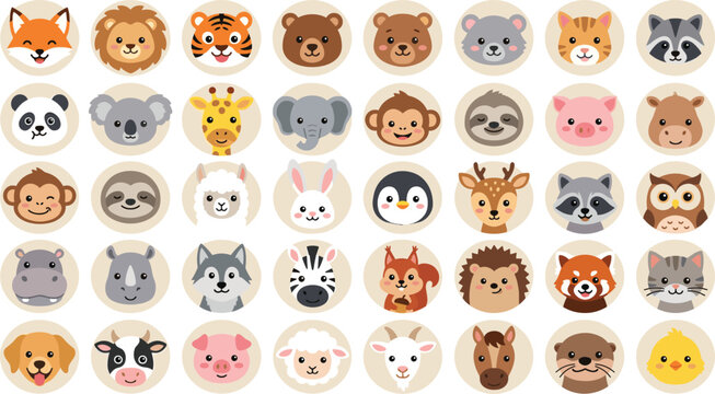 Cute Animal Face Round Emblem Badge Vector Icon Set with Sweet Cartoon Zoo Safari and Farm Creatures for Kids Sticker Graphic Designs