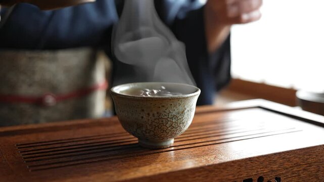 Close-up of traditional Chinese tea being poured from a textured ceramic teapot into a crackle-glazed cup on a wooden tea tray, steam rising gently