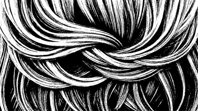 Abstract black and white of interwoven strands, creating a dense and flowing texture monochrome