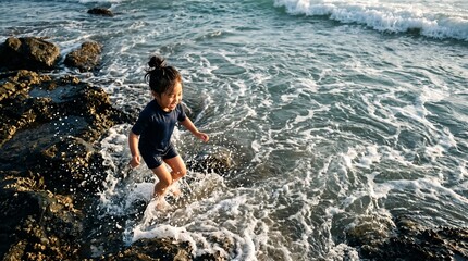 Fototapeta premium Young child joyfully plays in ocean waves on a rocky shore