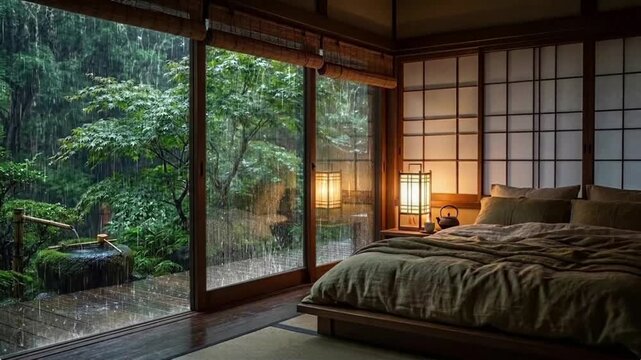 Luxury wooden cabin bedroom with panoramic rainforest view, rain video, bamboo water