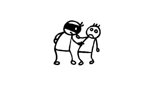 Hand drawn 4K criminal stabbing victim doodle animation with boiling line movement. Frame by frame line art on black and green screen backgrounds for knife attack, violent assault, and crime scene.
