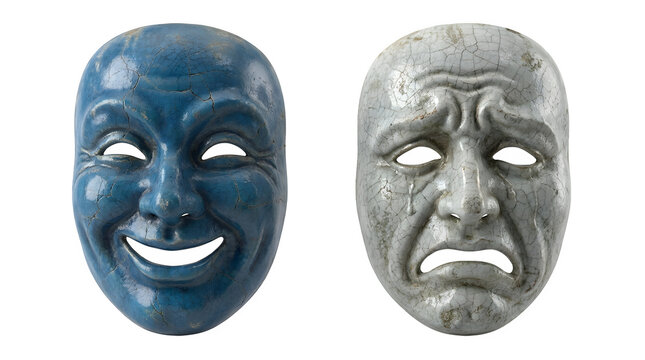 Vintage cracked theater comedy and tragedy masks displayed together in high detail on transparent background