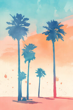 Vertical watercolor illustration of palm tree silhouettes against a gradient sky. Blue and orange tropical sunset scene