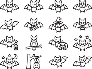Fototapeta premium Cute cartoon bat icons with various Halloween themes and activities in a simple line art style