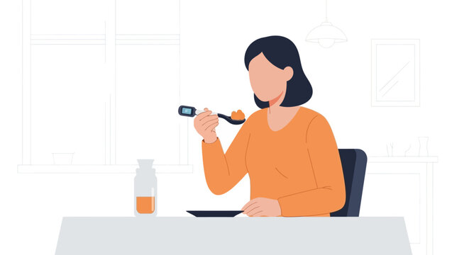 Woman Using Digital Smart Spoon for Calorie Tracking and Nutrition Monitoring Flat Vector Illustration