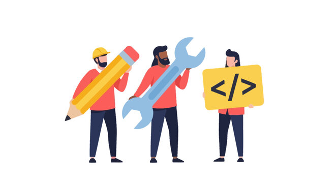 Collaborative Team of Designer, Engineer, and Programmer Flat Vector Illustration for Business and Web Development Concepts