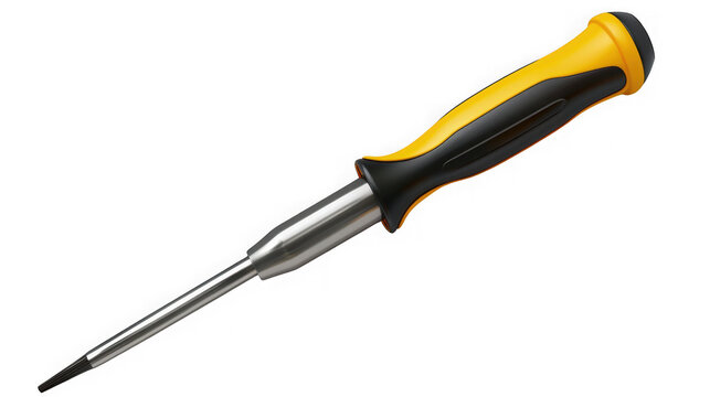 Professional screwdriver tool with yellow and black handle isolated on transparent background