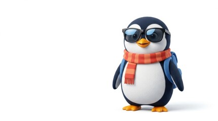 Fototapeta premium 3D rendered cartoon penguin wearing black sunglasses, a red and orange striped scarf, and a blue backpack, standing on a white background with copy space for text.