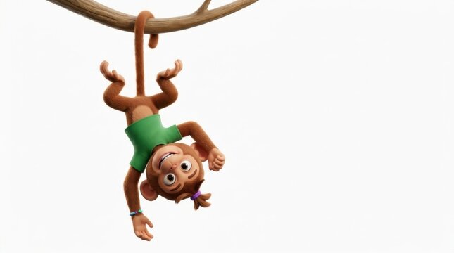 3D rendered cartoon monkey character hanging upside down by its tail from a wooden tree branch, wearing a green t-shirt and small accessories, isolated on a white background.