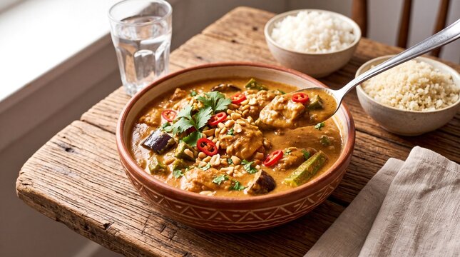 West African Sauce Arachide Creamy Peanut Butter Chicken Stew Served with Rice