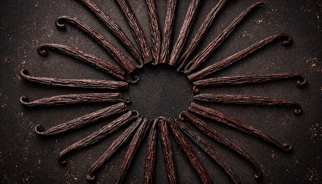 A circular sunburst pattern formed by many dark brown dried vanilla bean pods arranged on a dark textured stone background, surface view