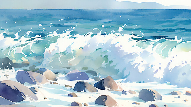 Large ocean wave breaking on a pebble beach watercolor illustration. Foamy seascape with distant landmass