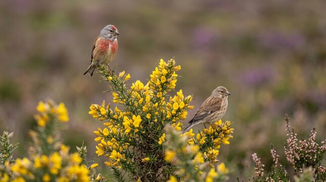 common linnet (linaria cannabina) perched on a branch