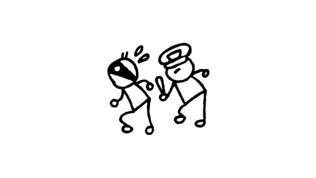 Animated doodle police chasing criminal icon with line boil action. Features 4K frame by frame boiling line animation on black and green screen backgrounds for cop pursuit, suspect run, and law.