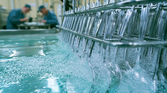 Silverware electroplating rack with a building silver sheen in sharp focus and blurred finishing workers behind. Concept of flatware manufacturing.