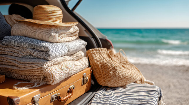 Packed luggage, beach hat and cozy blankets in an open car trunk by the sea. Perfect concept for summer vacation, travel preparation, road trips and seaside holidays.