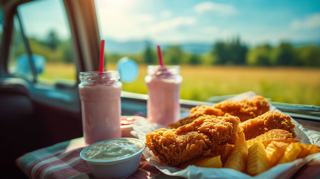 Crispy fried chicken, fries and milkshakes enjoyed inside a parked car during a road trip. Fast food, comfort eating, travel break and casual dining concept.