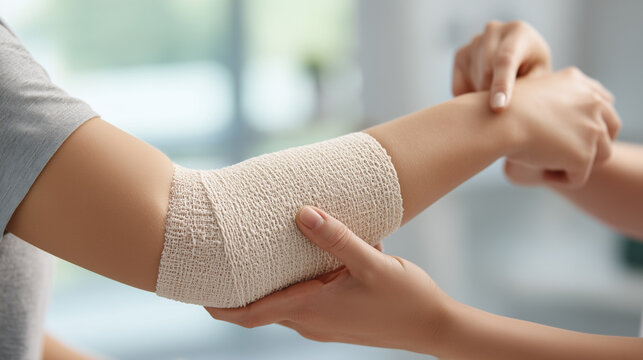 Medical professional applying an elastic bandage to an injured elbow. Healthcare concept of first aid, rehabilitation, orthopedic treatment and injury recovery.