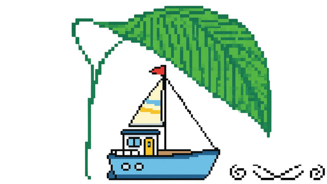 Small sailboat sheltered under a large green leaf pixel art vector illustration