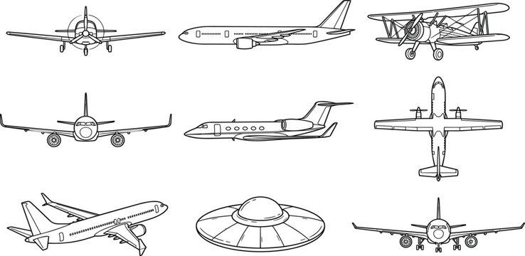 Airplane, aircraft, aviation, and flying vehicle line art vector icon set featuring commercial jet, biplane, private jet, propeller plane, and UFO symbols.eps