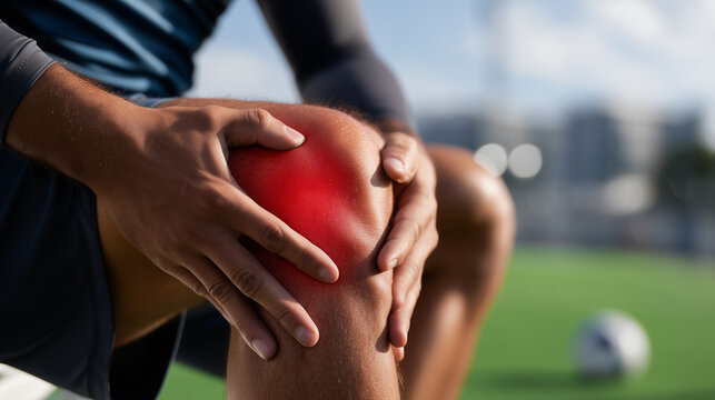 Close-up of an athlete holding a painful knee during outdoor sports training. Concept of knee injury, sports medicine, rehabilitation, orthopedic treatment and recovery.