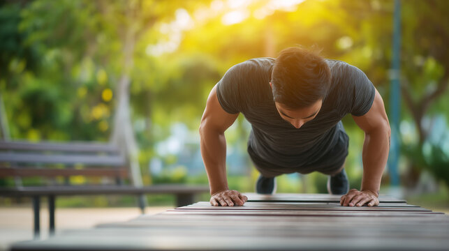 Athletic man performing push ups on a wooden platform in a park during outdoor workout. Concept of bodyweight training, fitness, strength and healthy lifestyle.