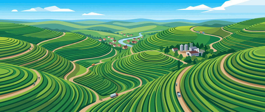 Aerial view of lush green terraced tea plantations landscape.