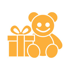 Fototapeta premium Orange teddy bear sitting with wrapped gift box icon set.