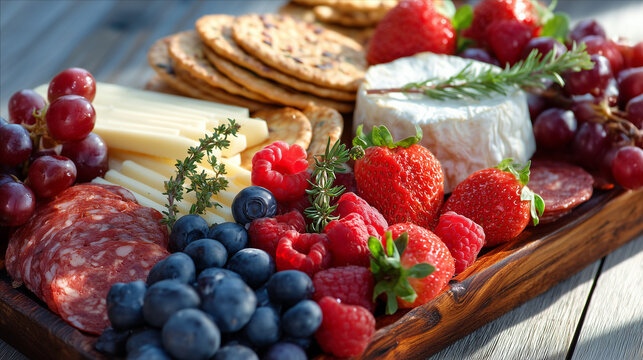 Elegant charcuterie board with artisan cheeses, cured meats, fresh berries and crackers. Gourmet appetizer presentation with slow cinematic camera movement.