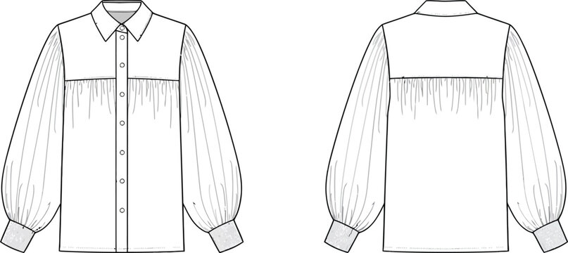 Technical fashion sketch of a button down shirt with long gathered sleeves and a back yoke detail