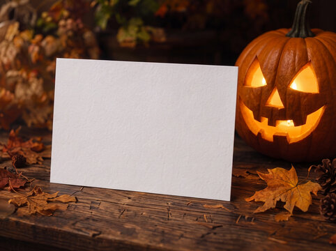 Blank greeting card displayed beside a carved pumpkin during autumn.