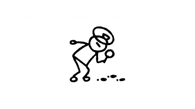 Animated 4K police investigating footprints doodle icon. Hand drawn line art on black and green screen chroma key background for crime scene detective, clue search, footprint tracks, and law.