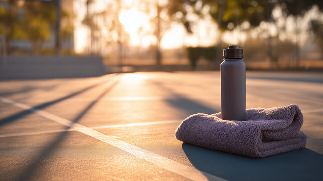 Reusable water bottle and soft towel on an outdoor sports court at sunrise. Hydration, fitness recovery, healthy lifestyle and workout equipment concept.